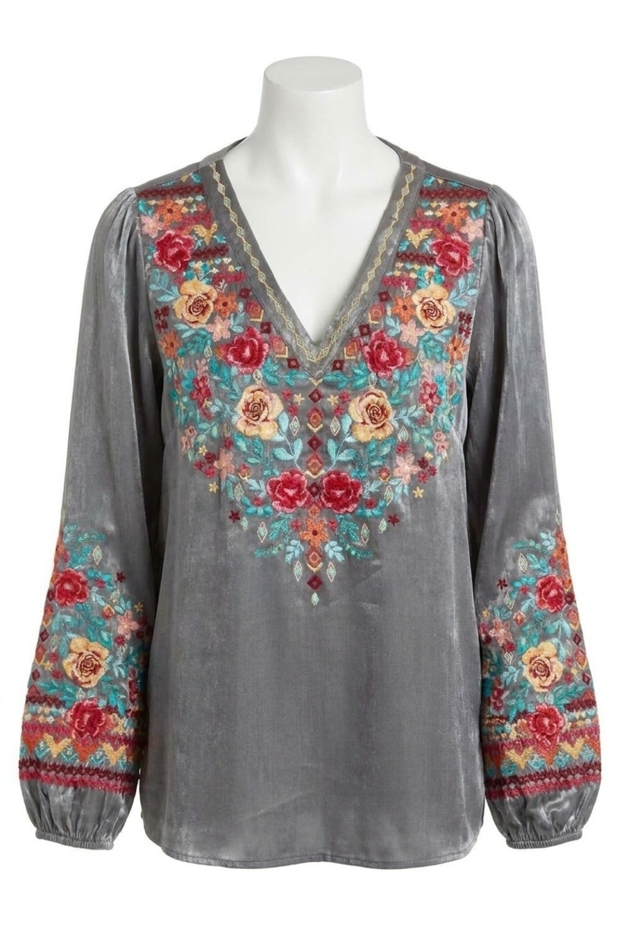 NEW ANDREE BY UNIT floral embroidered shimmering blouse in gray multi
